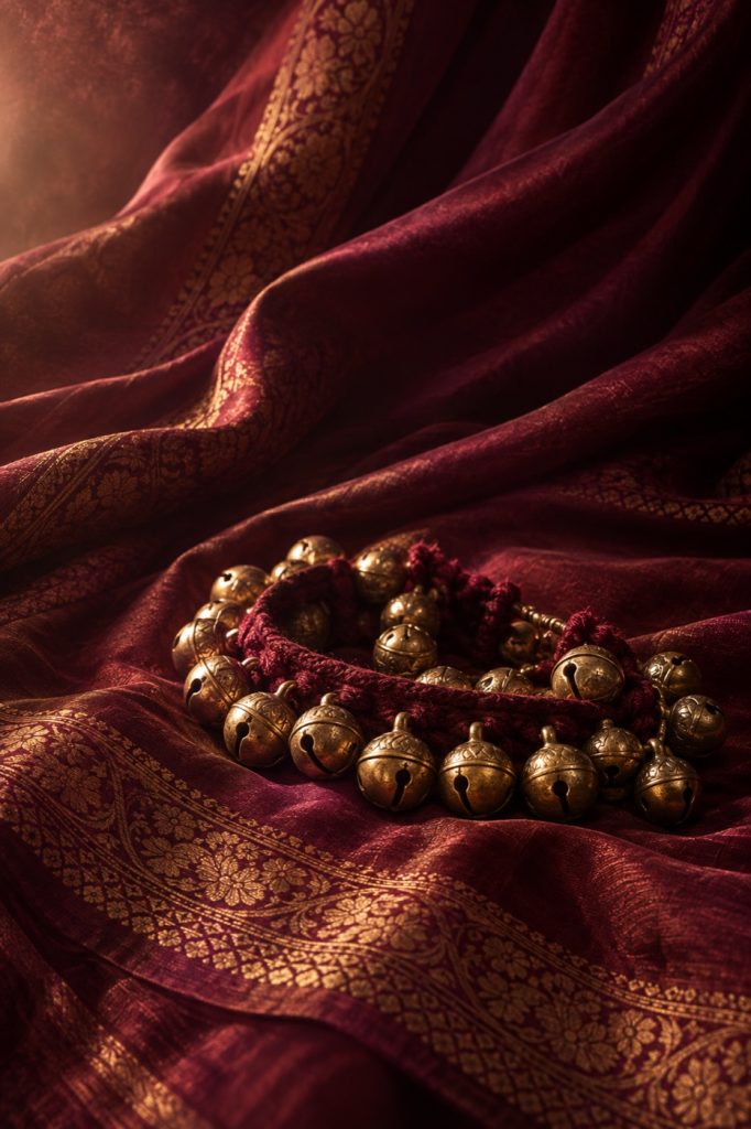 Illustrative brass ghungroo bells resting on burgundy silk